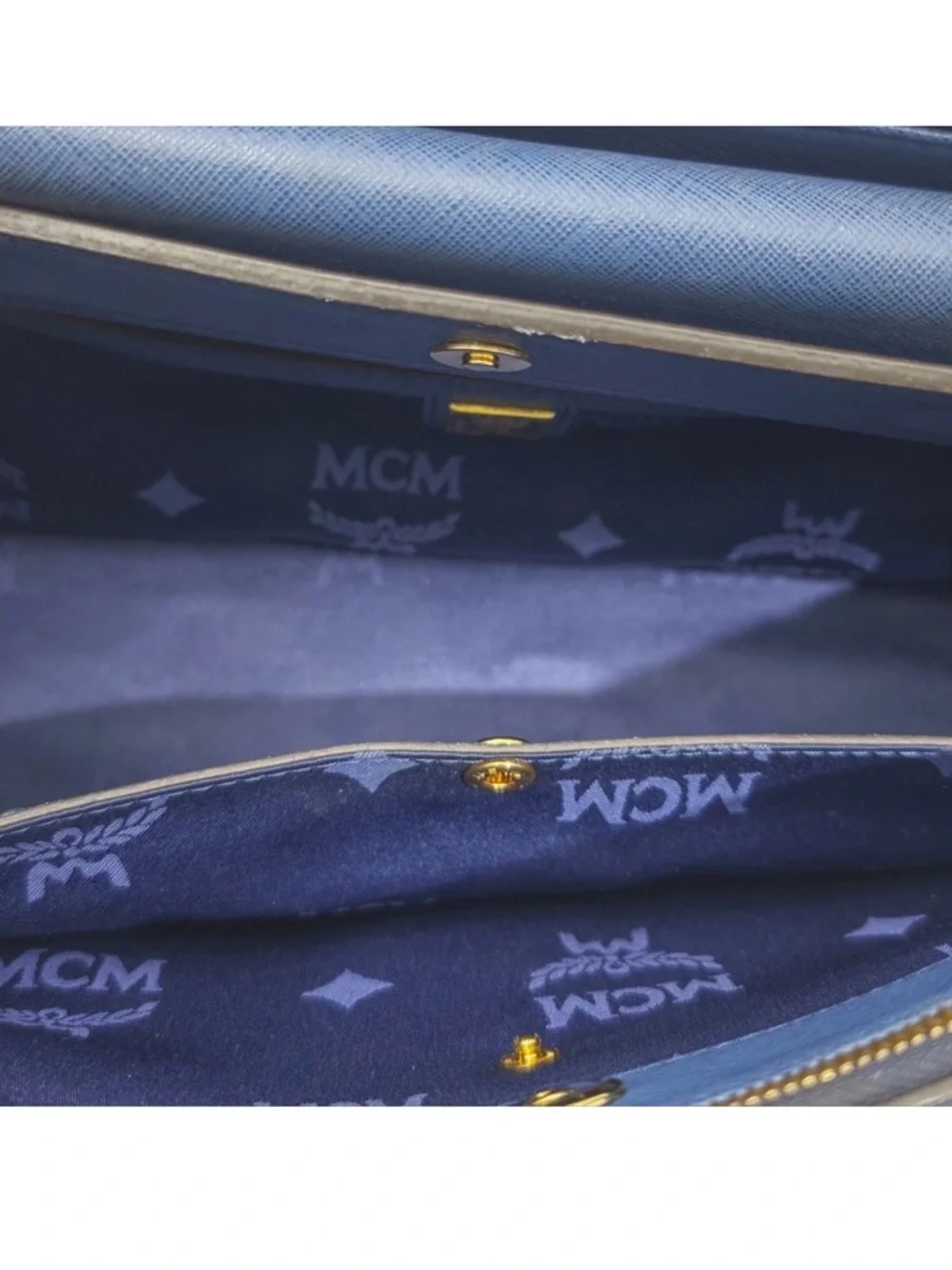 MCM Blue Leather Structured Top-Handle Satchel with Gold Hardware